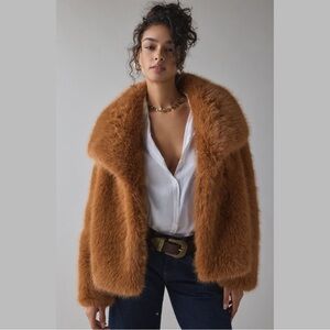 Azalea Wang Regina Tan Faux Fur Jacket XL Oversized Cropped Brown Open Front NWT